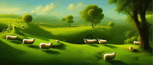 Vettore pecore in prati e colline verdi banner paesaggio rurale estivo illustrazione vettoriale della natura e