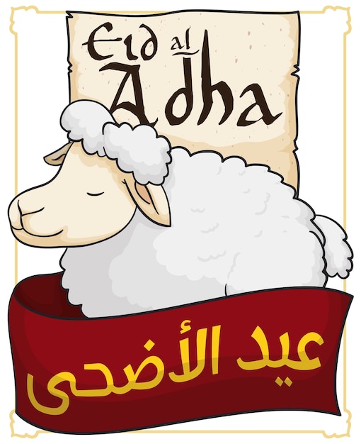 ベクトル イードアルアドハー祭りの巻物と赤いリボンの羊