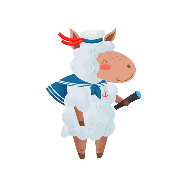 Vector sheep sailor character in cartoon style in a cap with a telescope in his hand