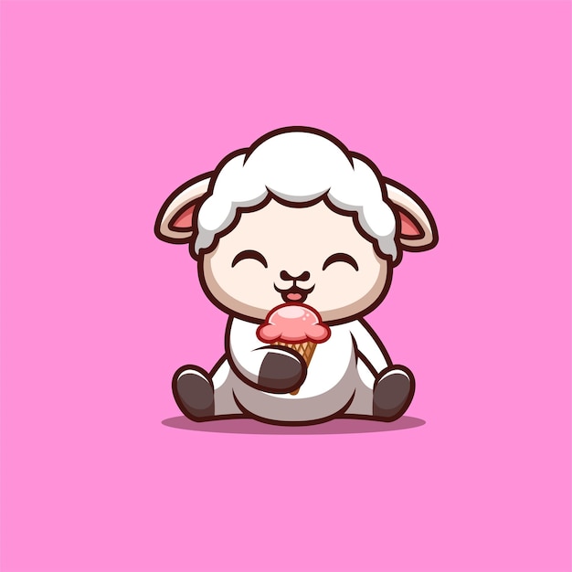 Sheep Sitting Eating Ice Cream Cute Creative Kawaii Cartoon Mascot Logo