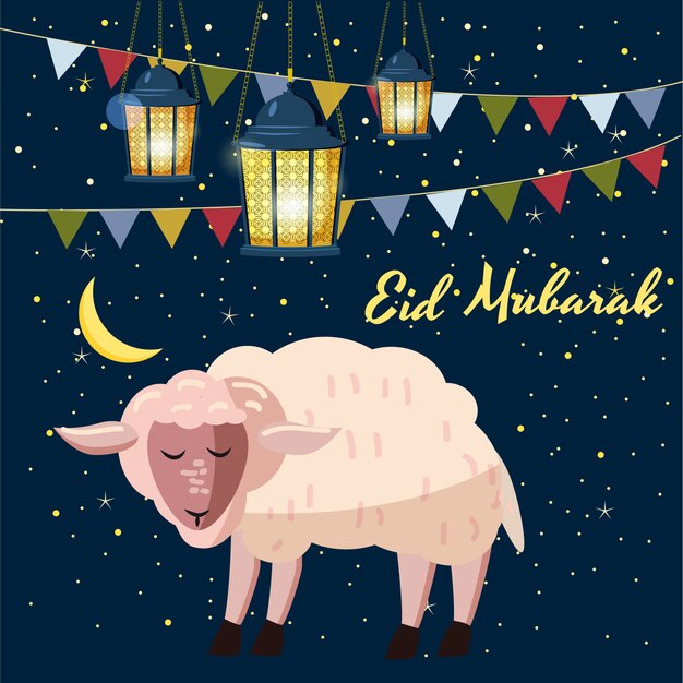 Sheep sleeping, lights, stars, moon, cartoon style, vector illustration