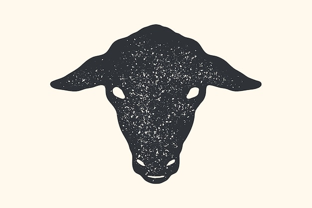 羊。ヴィンテージレトロプリント、ポスター、バナー。黒と白のシルエットの羊の頭