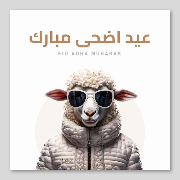 Vector a sheep with glasses on it and the words eid mubarak on the bottom