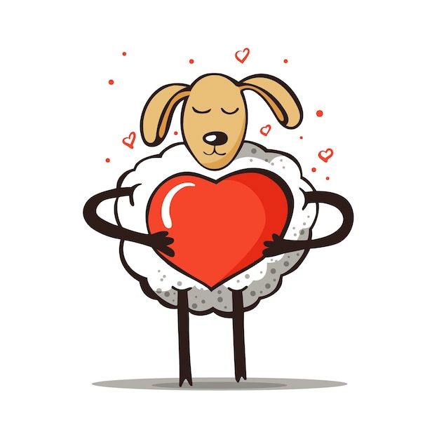 Sheep with heart,  cartoon animal character with love. Vector cute Illustration on white background.