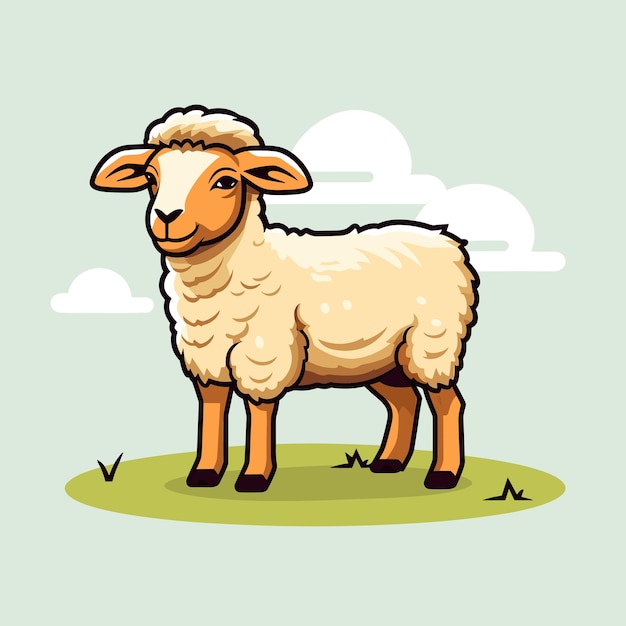 A sheep with a white face and a blue background with clouds