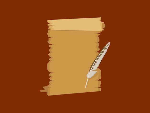 A sheet of old paper with a feather and a quill pen on a brown background