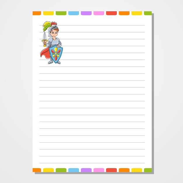 Вектор Шаблон листа для дневника блокнота блокнот бумага на подкладке милый персонаж с цветным изображением в мультяшном стиле