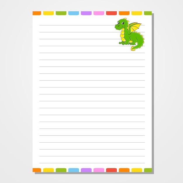 sheet template for notebook notepad diary lined paper cute character with a color image cartoon style vector illustration