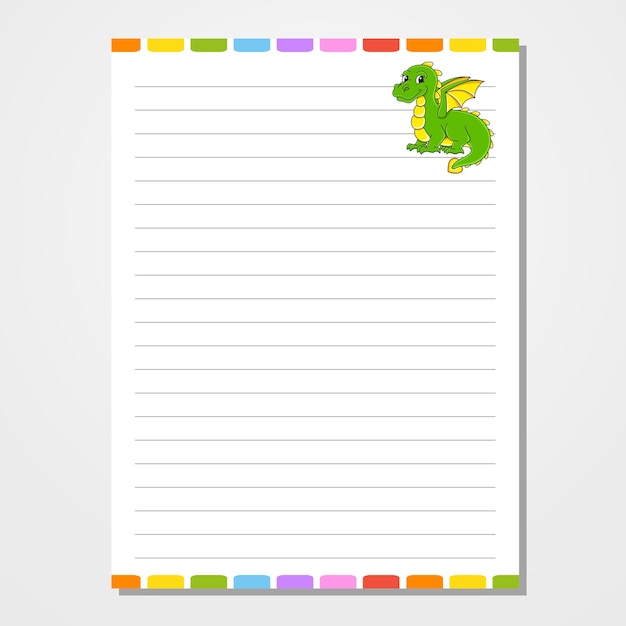 Sheet template for notebook notepad diary Lined paper Cute character With a color image cartoon style Vector illustration