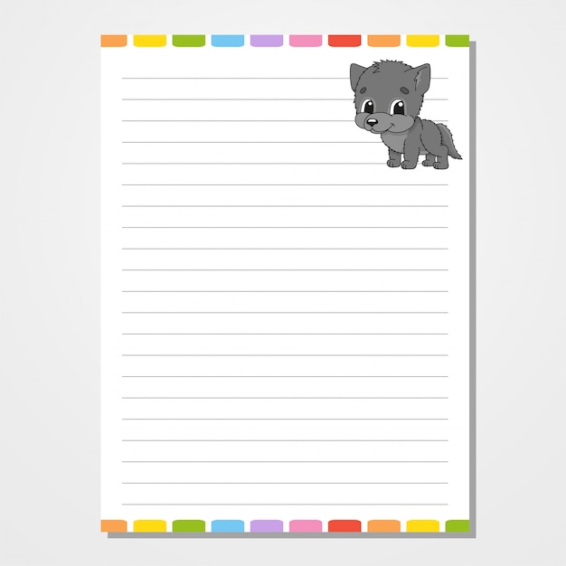 Sheet template for notebook, notepad, diary. With the image of a cute character.