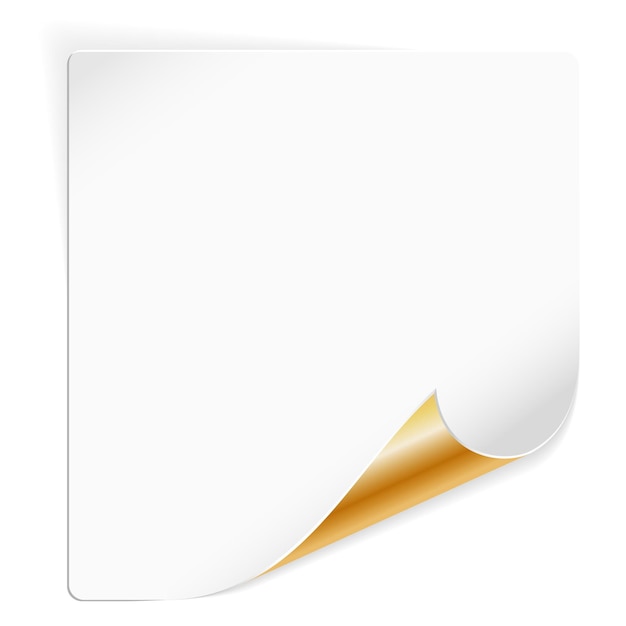 Sheet of white paper with curved gold corner, vector illustration