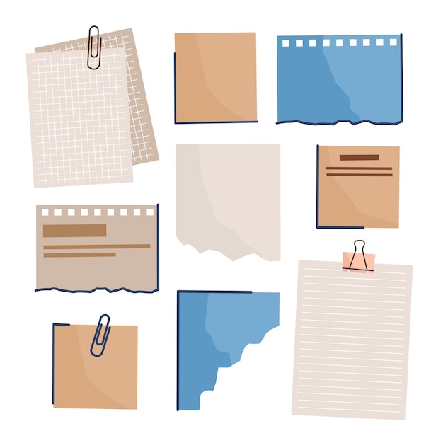 Vector sheets of note paper with paper clips and adhesive tape