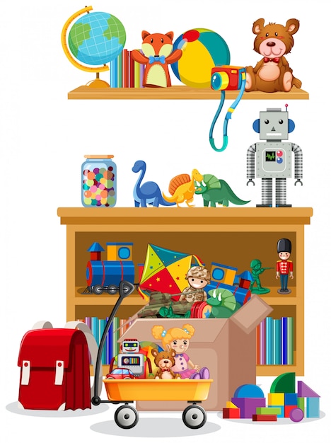 Shelf and box full of toys on white