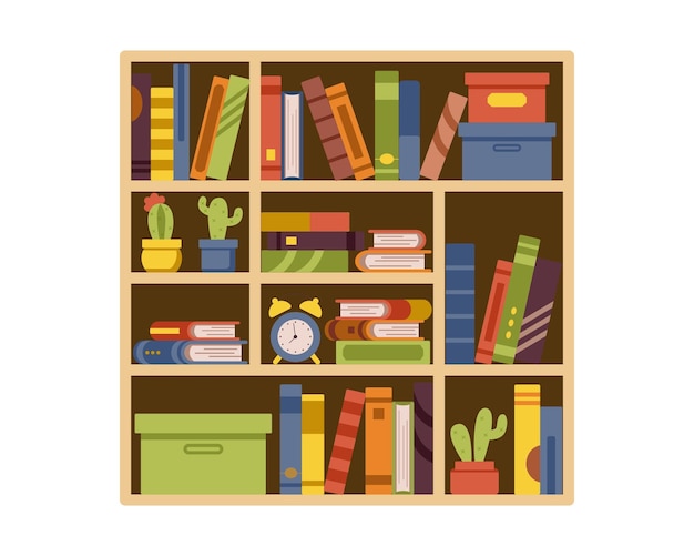 Vector a shelf with books and a clock on it.