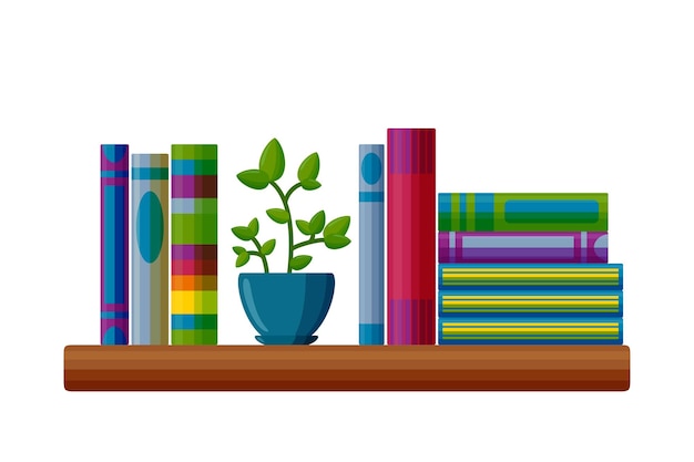 Shelf with books and potted plant books in cartoon style vector illustration