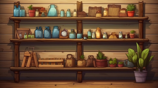 Vector a shelf with jars jars and a shelf with a clock on it