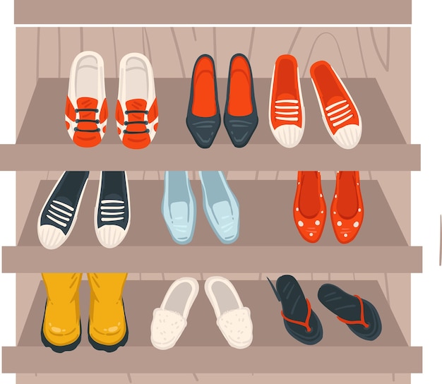 Vector shelf with shoes sneakers and heels shop store