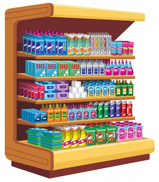 Shelfs with household chemicals.