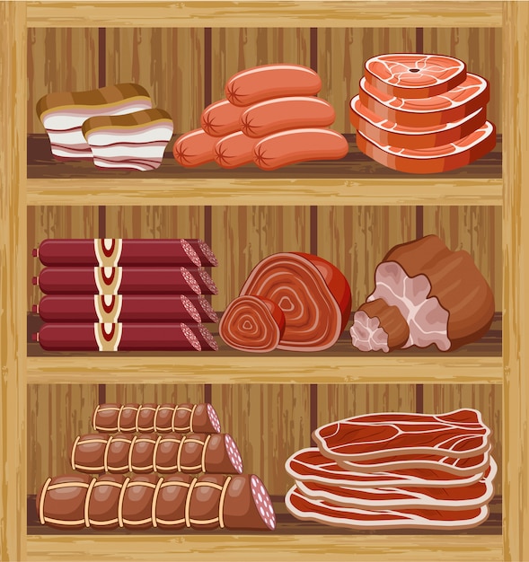 Shelfs with meat products. meat market.