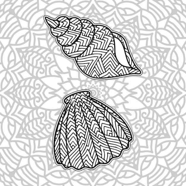 shell kleurplaat ontwerp met mandala achtergrond