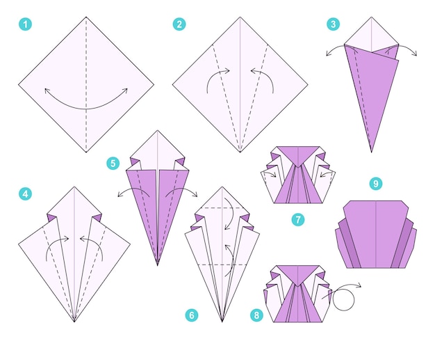 Shell origami scheme tutorial moving model. origami for kids. step by step