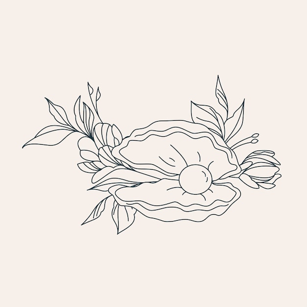 Shell with a pearl in flowers Logo template in linear style Esoteric illustration for astrologer shop beauty salon