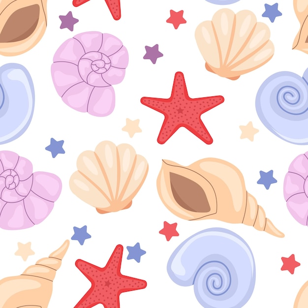 Vector shells seamless pattern cute pastel pattern with shell and starfish summer pattern vector