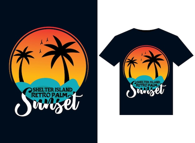 벡터 인쇄용 티셔츠 디자인을 위한 shelter island retro palm sunset 삽화