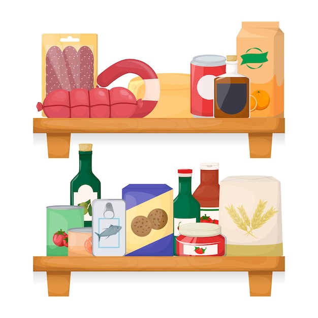 Vector shelves with food different product