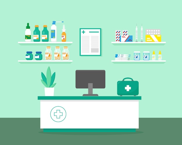 Shelves with medication and pharmacists workplace