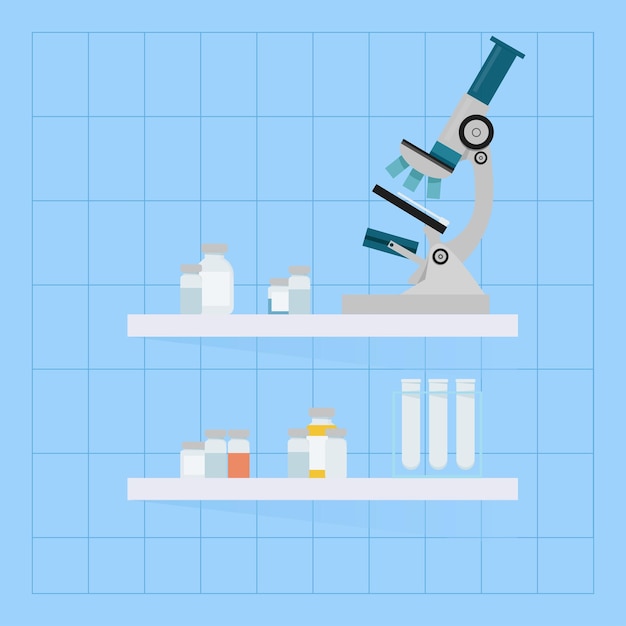 Shelves with microscope and test tubes