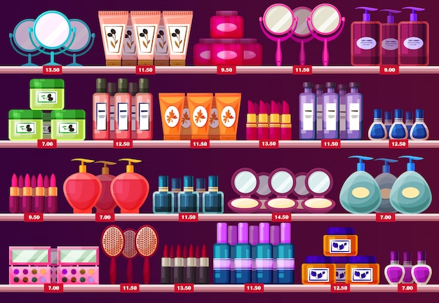 Shelves with woman cosmetic, beauty salon showcase