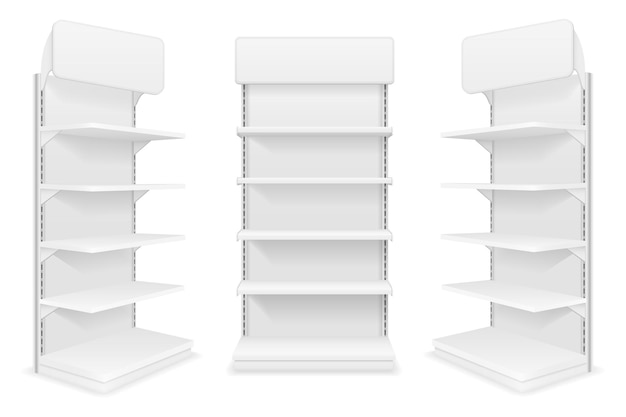 디자인 스톡 벡터 일러스트레이션을 위한 상품 및 제품 빈 템플릿을 광고하는 기호로 상점 거래를 위한 선반 랙