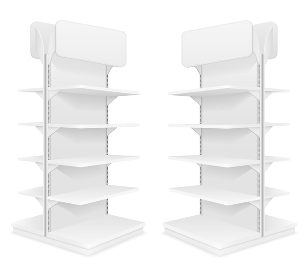 Vector shelving rack for store trading with a sign to advertise goods and products empty template