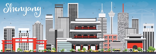 Vector shenyang skyline with gray buildings and blue sky. vector illustration.