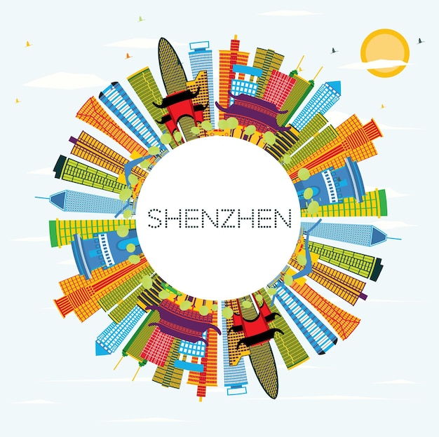 Orizzonte della città di shenzhen in cina con edifici di colore, cielo blu e spazio di copia. illustrazione di vettore. viaggi d'affari e concetto di turismo con architettura moderna. paesaggio urbano di shenzhen con punti di riferimento.