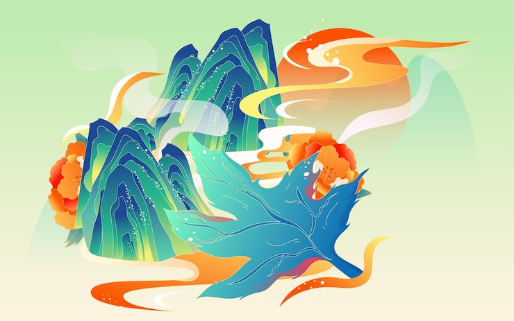 Vector shepherd boy rides a cow and plays a flute with mountains and clouds in the background