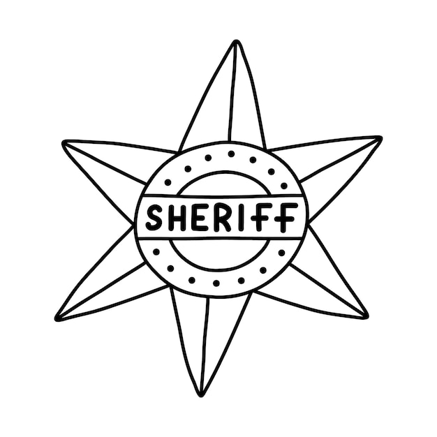 Vector sheriff badge doodle in de stervorm met hand getrokken schets leuk embleem van westerse politie teken van wet veiligheid justitie wild west en cowboy symbool met gouden elementen geïsoleerd op achtergrond