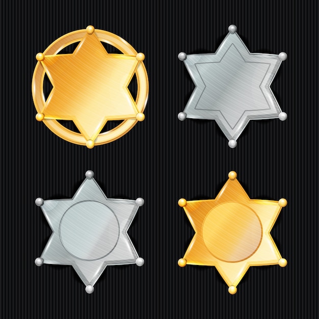 Sceriffo badge star vector set. tipi diversi. simbolo classico. dipartimento per l'applicazione della legge municipale. isolato sul nero