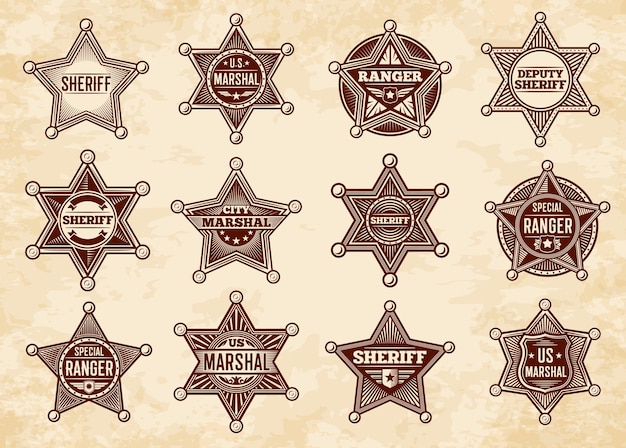 Vector sheriff, marshal and ranger stars, badges. wild west us police vintage insignias.