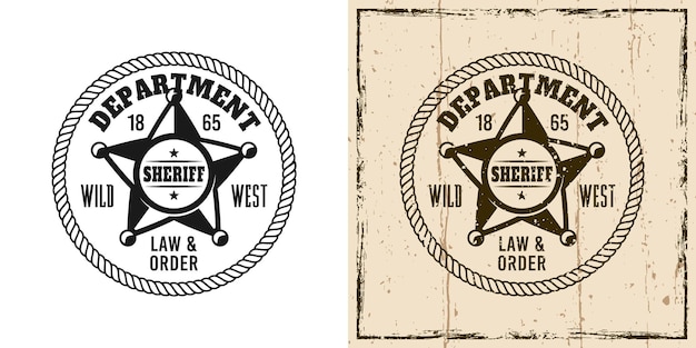 Sheriff ronde vector embleem, badge, label, logo of t-shirt print in twee stijlen zwart-wit en vintage gekleurd
