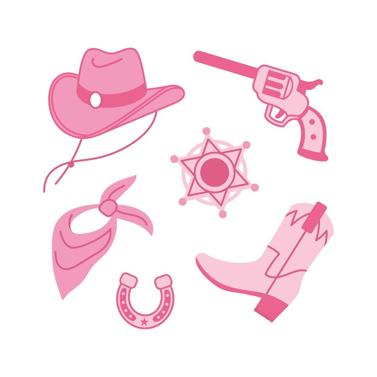 Sheriff roze kern mode-elementen collectie Cowgirl laarzen hoed hoefijzer pistool sheriff badge en paard zadel Cowboy westerse en wilde westen thema set Hand getrokken vectorillustratie
