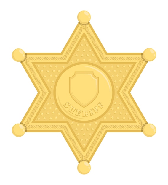 Значок звезды шерифа Шестиугольный золотой символ полицейского, отвечающего за правоохранительные органы Мультфильм вектор изолирован на белом фоне