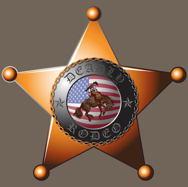 Vector sheriff star with the image of a cowboy on a horse and the inscription deadly rodeo