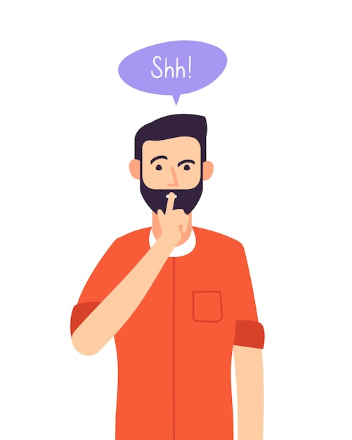 Vector shh man. business secret, serious male with silence hand gesture at closed mouth. silence please keep quiet  concept