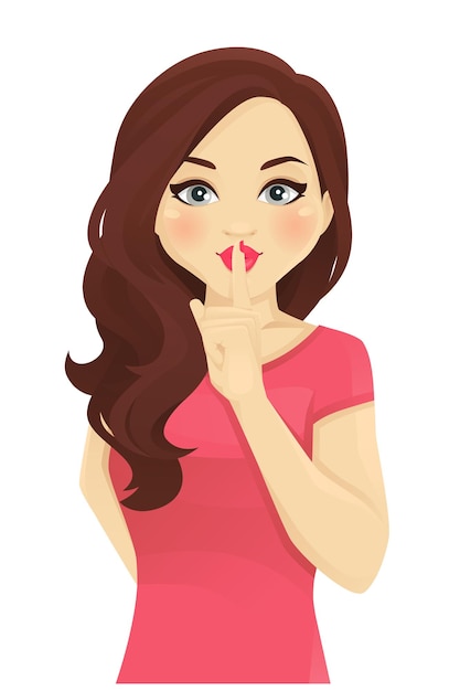 Vector shhh... pretty woman keeps fingers on lips, demonstrates silence sign, has a secret isolated vector illustration