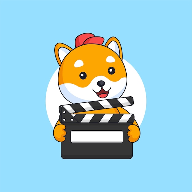 Shiba inu dog holding movie clapper board film production animal mascot cartoon logo illustration