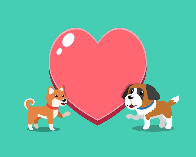 Vector shiba inu dog and saint bernard dog with big heart