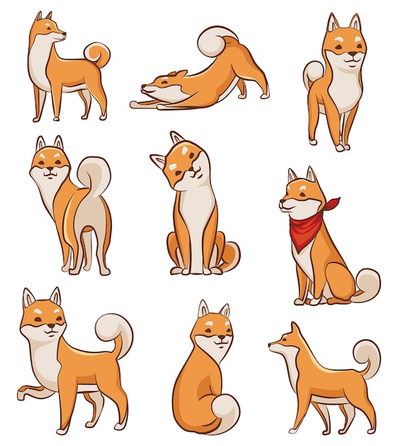 Shiba inu dogs character collection Playful pet in various poses set Hand drawn vector sticker Cute and funny dog