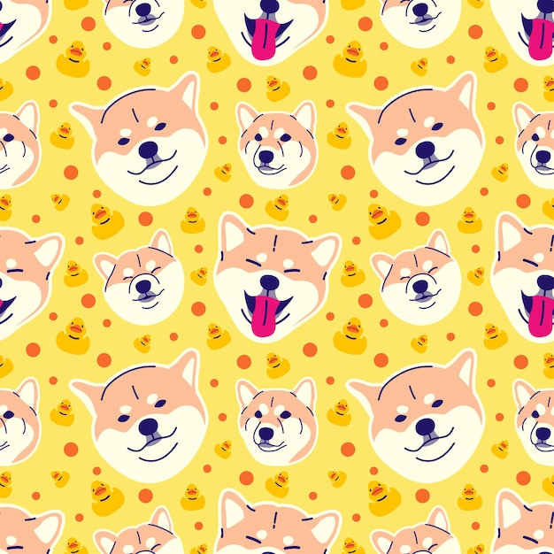 Vector shiba inu head with rubber yellow rubber duck seamless pattern